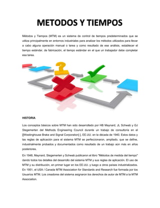 Métodos y Tiempos (MTM) es un sistema de control de tiempos predeterminados que se
utiliza principalmente en entornos industriales para analizar los métodos utilizados para llevar
a cabo alguna operación manual o tarea y como resultado de ese análisis, establecer el
tiempo estándar, de fabricación, el tiempo estándar en el que un trabajador debe completar
esa tarea.
HISTORIA
Los conceptos básicos sobre MTM han sido desarrollado por HB Maynard, JL Schwab y GJ
Stegemerten del Methods Engineering Council durante un trabajo de consultoría en el
[[Westinghouse Brake and Signal Corporation] ], EE.UU. en la década de 1940. Estos datos y
las reglas de aplicación para el sistema MTM se perfeccionaron, ampliado, que se define,
industrialmente probados y documentados como resultado de un trabajo aún más en años
posteriores.
En 1948, Maynard, Stegemerten y Schwab publicaron el libro "Métodos de medida del tiempo"
dando todos los detalles del desarrollo del sistema MTM y sus reglas de aplicación. El uso de
MTM y su distribución, en primer lugar en los EE.UU. y luego a otros países industrializados.
En 1951, el USA / Canada MTM Association for Standards and Research fue formada por los
Usuarios MTM. Los creadores del sistema asignaron los derechos de autor de MTM a la MTM
Association.
 