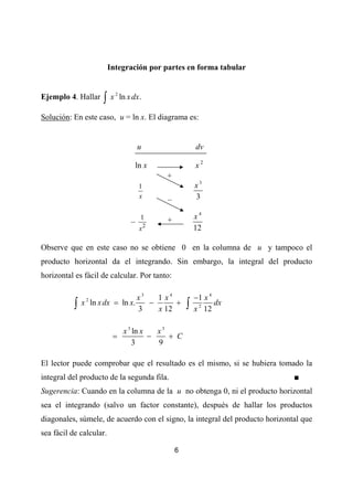 Integración por partes en forma tabular



                     ∫x
                           2
Ejemplo 4. Hallar              ln x dx .

Solución: En este caso, u = ln x. El diagrama es:


                                       u                  dv

                                       ln x               x2
                                              +
                                        1                 x3
                                        x
                                              –           3

                                        1     +           x4
                                   –
                                        x2                12

Observe que en este caso no se obtiene 0 en la columna de u y tampoco el
producto horizontal da el integrando. Sin embargo, la integral del producto
horizontal es fácil de calcular. Por tanto:

                                 x3   1 x4                −1 x 4
           ∫   x ln x dx = ln x.    −      +          ∫
                2
                                                                 dx
                                 3    x 12                x 2 12

                            x 3 ln x   x3
                          =          −    + C
                                3      9

El lector puede comprobar que el resultado es el mismo, si se hubiera tomado la
integral del producto de la segunda fila.                                     ■
Sugerencia: Cuando en la columna de la u no obtenga 0, ni el producto horizontal
sea el integrando (salvo un factor constante), después de hallar los productos
diagonales, súmele, de acuerdo con el signo, la integral del producto horizontal que
sea fácil de calcular.

                                                  6
 
