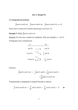 José A. Rangel M.

3.3. Integrales de la forma

           ∫ sen ax cos bx dx ; ∫ sen ax sen bx dx ; ∫ sen ax cos bx dx ;   a ≠ b.

Estos casos se tratan de la misma manera que en el Caso 3.2.

Ejemplo 5. Hallar ∫ sen 3x cos5 x dx .

Solución: En este caso, u puede ser cualquiera. Elija, por ejemplo, u = sen 3x.
El diagrama está a continuación:

                                u                      dv

                             sen 3x                    cos 5x
                                           +
                                                   1
                           3 cos 3x                  sen 5x
                                                   5
                                           –
                                                       1
                           – 9 sen 3x      +       –      cos 5x
                                                       25



Entonces
                                        1                  3
               ∫ sen 3x cos5 x dx =     5
                                          sen 3 x sen 5 x + cos3x cos5 x +
                                                           25
                                                  9
                                               + ∫ sen 3x cos5 x dx
                                                  25
Transponiendo y despejando la integral buscada se obtiene:

                                 5                   3
      ∫ sen 3x cos5 x dx    =
                                16
                                   sen 3x sen 5 x +
                                                    16
                                                       cos3x cos5 x + C              ■




                                               7
 