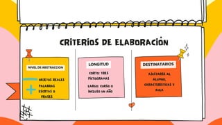 CRITERIOS DE ELABORACIÓN
NIVEL DE ABSTRACCION
LONGITUD DESTINATARIOS
OBJETOS REALES
PALABRAS
ESCRTAS O
FRASES
CORTO: TRES
PICTOGRAMAS
LARGO: CURSO O
INCLUSO UN AÑO
AJUSTARSE AL
ALUMNO,
CARACTERISTICAS Y
AULA
 
