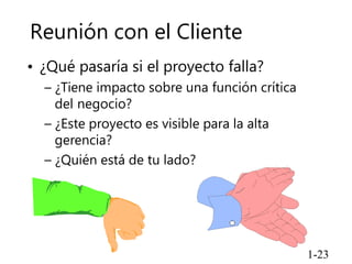 Reunión con el Cliente
• ¿Qué pasaría si el proyecto falla?
– ¿Tiene impacto sobre una función crítica
del negocio?
– ¿Este proyecto es visible para la alta
gerencia?
– ¿Quién está de tu lado?
1-23
 
