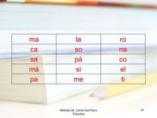 Método de Lecto-escritura
Troncoso
17
ma la ro
ca so na
sa pá co
má si el
pa me ti
 