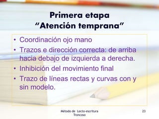 Primera etapa
“Atención temprana”
• Coordinación ojo mano
• Trazos e dirección correcta: de arriba
hacia debajo de izquierda a derecha.
• Inhibición del movimiento final
• Trazo de líneas rectas y curvas con y
sin modelo.
Método de Lecto-escritura
Troncoso
23
 