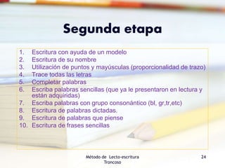 Segunda etapa
1. Escritura con ayuda de un modelo
2. Escritura de su nombre
3. Utilización de puntos y mayúsculas (proporcionalidad de trazo)
4. Trace todas las letras
5. Completar palabras
6. Escriba palabras sencillas (que ya le presentaron en lectura y
están adquiridas)
7. Escriba palabras con grupo consonántico (bl, gr,tr,etc)
8. Escritura de palabras dictadas.
9. Escritura de palabras que piense
10. Escritura de frases sencillas
Método de Lecto-escritura
Troncoso
24
 
