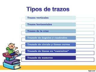 Trazos verticales
Trazos horizontales
Trazos de la cruz
Trazado de ángulos y cuadrados
Trazado de circulo y líneas curvas
Trazado de líneas en “caminitos”
Trazado de numeros
 