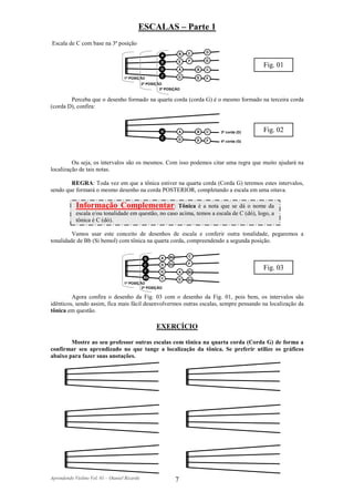 ESCALAS – Parte 1
Escala de C com base na 3ª posição
                                                                     C        D
                                                        A        B

                                                                 E   F        G
                                                        D
                                                        G
                                                                                                 Fig. 01
                                                                 A        B   C
                                                        C        D
                                    1ª POSIÇÃO                            E   F
                                               2ª POSIÇÃO
                                                        3ª POSIÇÃO


        Perceba que o desenho formado na quarta corda (corda G) é o mesmo formado na terceira corda
(corda D), confira:



                                                        G        A        B   C   3ª corda (D)   Fig. 02
                                                        C        D        E   F   4ª corda (G)




         Ou seja, os intervalos são os mesmos. Com isso podemos citar uma regra que muito ajudará na
localização de tais notas.

        REGRA: Toda vez em que a tônica estiver na quarta corda (Corda G) teremos estes intervalos,
sendo que formará o mesmo desenho na corda POSTERIOR, completando a escala em uma oitava.

            Informação Complementar: Tônica é a nota que se dá o nome da
            escala e/ou tonalidade em questão, no caso acima, temos a escala de C (dó), logo, a
            tônica é C (dó).

         Vamos usar este conceito de desenhos de escala e conferir outra tonalidade, pegaremos a
tonalidade de Bb (Si bemol) com tônica na quarta corda, compreendendo a segunda posição.

                                                        A   Bb       C
                                                G
                                                C       D   Eb       F

                                                F       G        A
                                                                                                 Fig. 03
                                                                     Bb
                                                Bb     C         D   Eb
                                    1ª POSIÇÃO
                                             2ª POSIÇÃO

         Agora confira o desenho da Fig. 03 com o desenho da Fig. 01, pois bem, os intervalos são
idênticos, sendo assim, fica mais fácil desenvolvermos outras escalas, sempre pensando na localização da
tônica em questão.

                                                      EXERCÍCIO

        Mostre ao seu professor outras escalas com tônica na quarta corda (Corda G) de forma a
confirmar seu aprendizado no que tange a localização da tônica. Se preferir utilize os gráficos
abaixo para fazer suas anotações.




Aprendendo Violino Vol. 01 – Otaniel Ricardo                     7
 