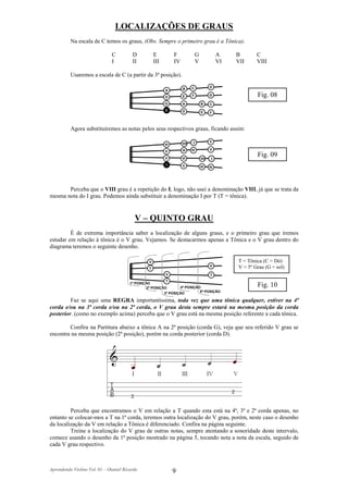 LOCALIZAÇÕES DE GRAUS
          Na escala de C temos os graus, (Obs. Sempre o primeiro grau é a Tônica).

                               C         D           E          F                G              A    B       C
                               I         II          III        IV               V              VI   VII     VIII

          Usaremos a escala de C (a partir da 3ª posição).

                                                                      B     C              D
                                                           A
                                                           D          E     F              G                 Fig. 08
                                                           G          A              B     C
                                                           C          D              E     F



          Agora substituiremos as notas pelos seus respectivos graus, ficando assim:

                                                                      VII    I             II
                                                           VI
                                                           II         III   IV             V

                                                           V         VI              VII    I
                                                                                                             Fig. 09
                                                            I         II             III   IV




       Perceba que o VIII grau é a repetição do I, logo, não usei a denominação VIII, já que se trata da
mesma nota do I grau. Podemos ainda substituir a denominação I por T (T = tônica).


                                          V – QUINTO GRAU
         É de extrema importância saber a localização de alguns graus, e o primeiro grau que iremos
estudar em relação à tônica é o V grau. Vejamos. Se destacarmos apenas a Tônica e o V grau dentro do
diagrama teremos o seguinte desenho.

                                                 V                                                   T = Tônica (C = Dó)
                                                                                           V         V = 5º Grau (G = sol)
                                                 T
                                                           V                               T
                                                           T
                                        1ª POSIÇÃO
                                                 2ª POSIÇÃO          4ª POSIÇÃO                              Fig. 10
                                                                               5ª POSIÇÃO
                                                           3ª POSIÇÃO

         Faz se aqui uma REGRA importantíssima, toda vez que uma tônica qualquer, estiver na 4ª
corda e/ou na 3ª corda e/ou na 2ª corda, o V grau desta sempre estará na mesma posição da corda
posterior. (como no exemplo acima) perceba que o V grau está na mesma posição referente a cada tônica.

        Confira na Partitura abaixo a tônica A na 2ª posição (corda G), veja que seu referido V grau se
encontra na mesma posição (2ª posição), porém na corda posterior (corda D).




         Perceba que encontramos o V em relação a T quando esta está na 4ª, 3ª e 2ª corda apenas, no
entanto se colocar-mos a T na 1ª corda, teremos outra localização do V grau, porém, neste caso o desenho
da localização da V em relação a Tônica é diferenciado. Confira na página seguinte.
         Treine a localização do V grau de outras notas, sempre atentando a sonoridade deste intervalo,
comece usando o desenho da 1ª posição mostrado na página 5, tocando nota a nota da escala, seguido de
cada V grau respectivo.



Aprendendo Violino Vol. 01 – Otaniel Ricardo                    9
 