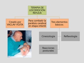 TERAPIA DE
LOCOMOCIÓN
REFLEJA
Creado por
VACLAV VOJTA
Para combatir la
parálisis cerebral
en etapa infantil
Tres elementos
básicos:
Cinesiología Reflexología
Reacciones
posturales
 