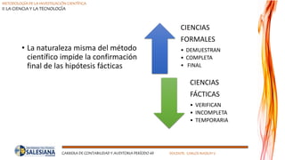 METODOLOGÍA DE LA INVESTIGACIÓN CIENTÍFICA
II LA CIENCIA Y LA TECNOLOGÍA
CARRERA DE CONTABILIDAD Y AUDITORIA PERÍODO 49 DOCENTE: CARLOS MASSUH V.
• La naturaleza misma del método
científico impide la confirmación
final de las hipótesis fácticas
CIENCIAS
FORMALES
• DEMUESTRAN
• COMPLETA
• FINAL
CIENCIAS
FÁCTICAS
• VERIFICAN
• INCOMPLETA
• TEMPORARIA
 