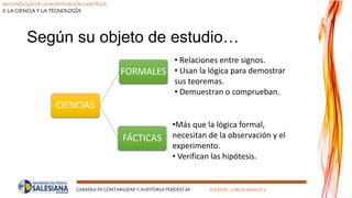 METODOLOGÍA DE LA INVESTIGACIÓN CIENTÍFICA
II LA CIENCIA Y LA TECNOLOGÍA
CARRERA DE CONTABILIDAD Y AUDITORIA PERÍODO 49 DOCENTE: CARLOS MASSUH V.
Según su objeto de estudio…
CIENCIAS
FORMALES
FÁCTICAS
• Relaciones entre signos.
• Usan la lógica para demostrar
sus teoremas.
• Demuestran o comprueban.
•Más que la lógica formal,
necesitan de la observación y el
experimento.
• Verifican las hipótesis.
 