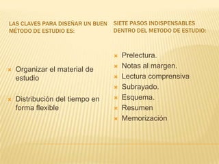 Las claves para diseñar un buen método de estudio es:SIETE PASOS INDISPENSABLES DENTRO DEL METODO DE ESTUDIO:Prelectura.Notas al margen.Lectura comprensivaSubrayado.Esquema.Resumen MemorizaciónOrganizar el material de estudioDistribución del tiempo en forma flexible