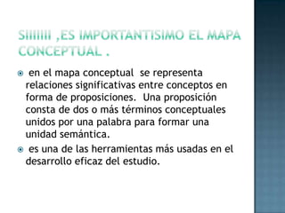 Siiiiiii ,es importantisimo el mapa conceptual . en el mapa conceptual  se representa relaciones significativas entre conceptos en forma de proposiciones.  Una proposición consta de dos o más términos conceptuales unidos por una palabra para formar una unidad semántica. es una de las herramientas más usadas en el desarrollo eficaz del estudio.