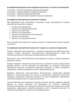 3
Класифікація функціональних порушень організму за ступенем їх вираження
1-й ступінь – незначне вираження порушення функцій;
2-й ступінь – помірно виражене порушення функцій;
3-й ступінь – виражене порушення функцій;
4-й ступінь – значне або різко виражене порушення функцій.
Класифікація критеріїв життєдіяльності людини
При формуванні груп отримувачів соціальних послуг враховувалися наступні
критерії життєдіяльності людини:
 здатність до пересування;
 здатність до самообслуговування;
 здатність до орієнтації;
 здатність до спілкування;
 здатність контролювати свою поведінку;
 здатність до навчання;
 здатність до трудової діяльності.
Опис критеріїв життєдіяльності людини включно з параметрами оцінки наведено
у додатку 1.
Класифікація критеріїв життєдіяльності людини за ступенем їх вираження
Ступінь обмеження життєдіяльності – величина відхилення від норми діяльності
людини. Ступінь обмеження життєдіяльності характеризується одним або
поєднанням декількох зазначених найважливіших його критеріїв.
Визначають три ступені обмеження життєдіяльності людини: помірно виражене,
виражене і значне.
Помірно виражене обмеження життєдіяльності зумовлене такими порушеннями
функцій органів і систем організму, що призводять до помірного обмеження
можливості навчання, спілкування, орієнтації, контролю за своєю поведінкою,
пересування, самообслуговування, участі у трудовій діяльності.
Виражене обмеження життєдіяльності обумовлюється порушенням функцій
органів та систем організму, що полягає у вираженому порушенні можливості
навчання, спілкування, орієнтації, контролю за своєю поведінкою, пересування,
самообслуговування, участі у трудовій діяльності.
Значне обмеження життєдіяльності виникає внаслідок значних порушень функцій
органів чи систем організму, що призводить до значного порушення
можливостей/здатності до навчання, спілкування, орієнтації, контролю за своєю
поведінкою, пересування, самообслуговування, участі у трудовій діяльності та
обумовлює необхідність стороннього догляду/допомоги.
 