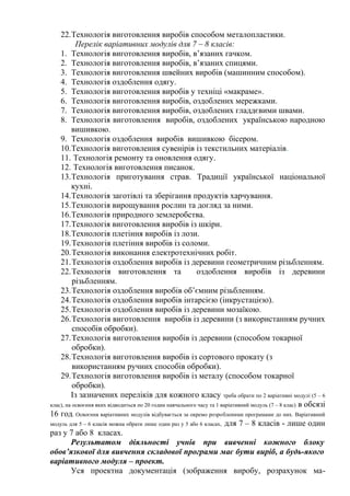 22.Технологія виготовлення виробів способом металопластики.
Перелік варіативних модулів для 7 – 8 класів:
1. Технологія виготовлення виробів, в’язаних гачком.
2. Технологія виготовлення виробів, в’язаних спицями.
3. Технологія виготовлення швейних виробів (машинним способом).
4. Технологія оздоблення одягу.
5. Технологія виготовлення виробів у техніці «макраме».
6. Технологія виготовлення виробів, оздоблених мережками.
7. Технологія виготовлення виробів, оздоблених гладдєвими швами.
8. Технологія виготовлення виробів, оздоблених українською народною
вишивкою.
9. Технологія оздоблення виробів вишивкою бісером.
10.Технологія виготовлення сувенірів із текстильних матеріалів.
11. Технологія ремонту та оновлення одягу.
12. Технологія виготовлення писанок.
13.Технологія приготування страв. Традиції української національної
кухні.
14.Технологія заготівлі та зберігання продуктів харчування.
15.Технологія вирощування рослин та догляд за ними.
16.Технологія природного землеробства.
17.Технологія виготовлення виробів із шкіри.
18.Технологія плетіння виробів із лози.
19.Технологія плетіння виробів із соломи.
20.Технологія виконання електротехнічних робіт.
21.Технологія оздоблення виробів із деревини геометричним різьбленням.
22.Технологія виготовлення та оздоблення виробів із деревини
різьбленням.
23.Технологія оздоблення виробів об’ємним різьбленням.
24.Технологія оздоблення виробів інтарсією (інкрустацією).
25.Технологія оздоблення виробів із деревини мозаїкою.
26.Технологія виготовлення виробів із деревини (з використанням ручних
способів обробки).
27.Технологія виготовлення виробів із деревини (способом токарної
обробки).
28.Технологія виготовлення виробів із сортового прокату (з
використанням ручних способів обробки).
29.Технологія виготовлення виробів із металу (способом токарної
обробки).
Із зазначених переліків для кожного класу треба обрати по 2 варіативні модулі (5 – 6
клас), на освоєння яких відводиться по 20 годин навчального часу та 1 варіативний модуль (7 – 8 клас) в обсязі
16 год. Освоєння варіативних модулів відбувається за окремо розробленими програмами до них. Варіативний
модуль для 5 – 6 класів можна обрати лише один раз у 5 або 6 класах, для 7 – 8 класів - лише один
раз у 7 або 8 класах.
Результатом діяльності учнів при вивченні кожного блоку
обов’язкової для вивчення складової програми має бути виріб, а будь-якого
варіативного модуля – проект.
Уся проектна документація (зображення виробу, розрахунок ма-
 