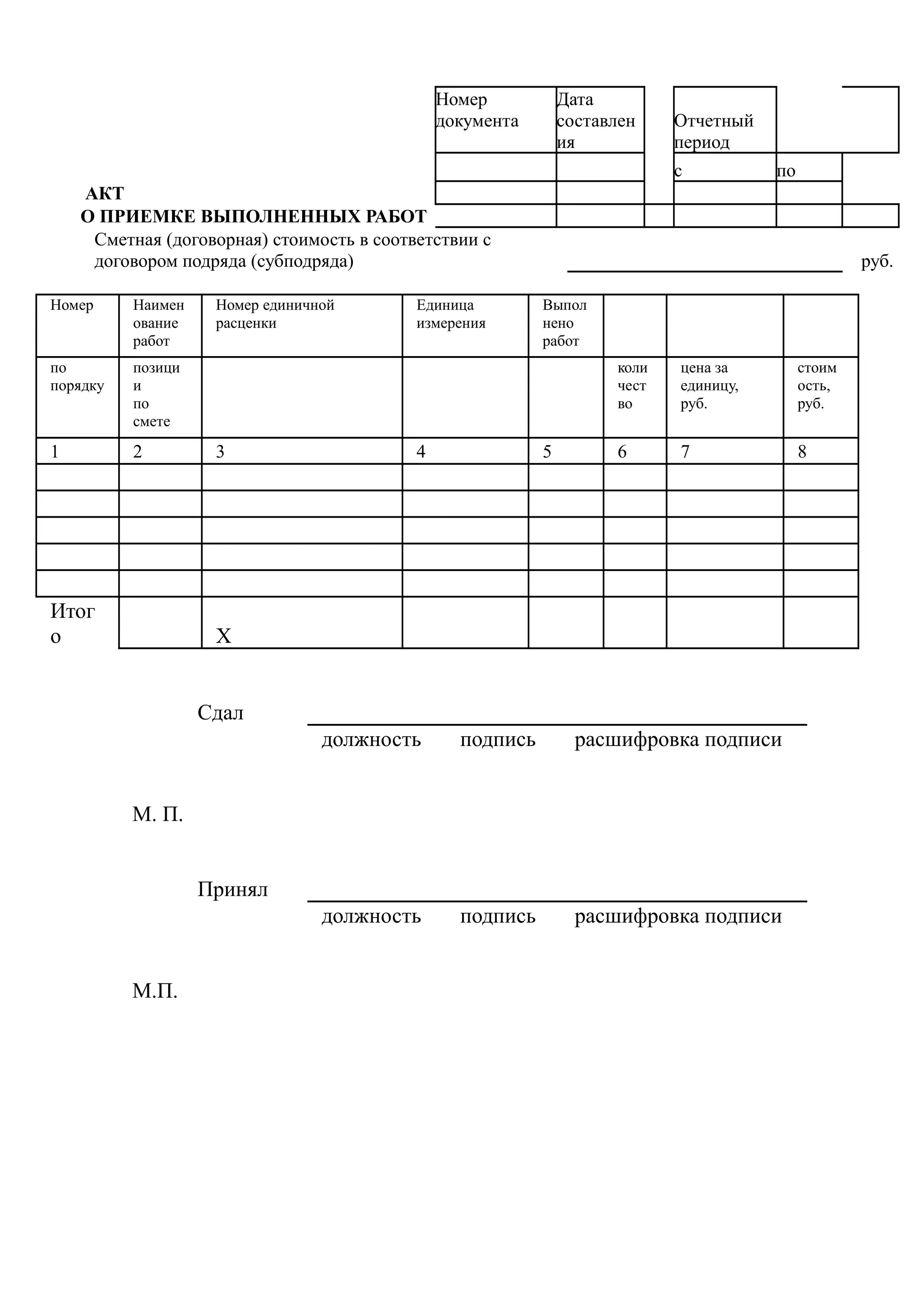 Номер           Дата
                                               документа       составлен    Отчетный
                                                               ия           период
                                                                            с          по
    АКТ
    О ПРИЕМКЕ ВЫПОЛНЕННЫХ РАБОТ
     Сметная (договорная) стоимость в соответствии с
     договором подряда (субподряда)                                                                 руб.

Номер     Наимен    Номер единичной        Единица         Выпол
          ование    расценки               измерения       нено
          работ                                            работ
по        позици                                                     коли   цена за         стоим
порядку   и                                                          чест   единицу,        ость,
          по                                                         во     руб.            руб.
          смете

1         2         3                      4               5         6      7               8




Итог
о                   Х


                   Сдал
                                 должность       подпись         расшифровка подписи


          М. П.


                   Принял
                                 должность       подпись         расшифровка подписи


          М.П.
 
