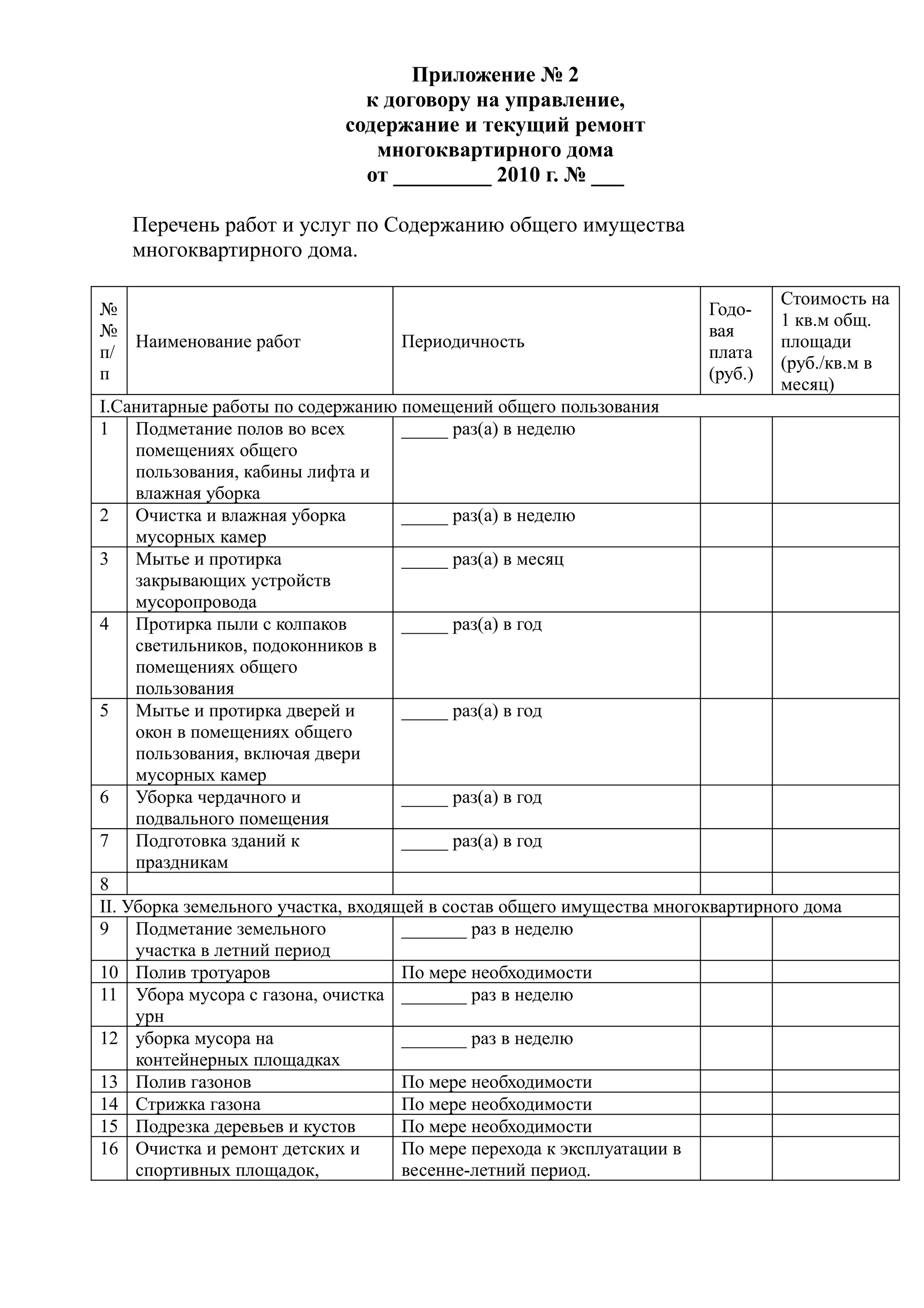 Приложение № 2
                              к договору на управление,
                            содержание и текущий ремонт
                               многоквартирного дома
                              от _________ 2010 г. № ___

   Перечень работ и услуг по Содержанию общего имущества
   многоквартирного дома.

                                                                                Стоимость на
№                                                                      Годо-
                                                                                1 кв.м общ.
№                                                                      вая
   Наименование работ              Периодичность                                площади
п/                                                                     плата
                                                                                (руб./кв.м в
п                                                                      (руб.)
                                                                                месяц)
I.Санитарные работы по содержанию помещений общего пользования
1 Подметание полов во всех           _____ раз(а) в неделю
     помещениях общего
     пользования, кабины лифта и
     влажная уборка
2 Очистка и влажная уборка           _____ раз(а) в неделю
     мусорных камер
3 Мытье и протирка                   _____ раз(а) в месяц
     закрывающих устройств
     мусоропровода
4 Протирка пыли с колпаков           _____ раз(а) в год
     светильников, подоконников в
     помещениях общего
     пользования
5 Мытье и протирка дверей и          _____ раз(а) в год
     окон в помещениях общего
     пользования, включая двери
     мусорных камер
6 Уборка чердачного и                _____ раз(а) в год
     подвального помещения
7 Подготовка зданий к                _____ раз(а) в год
     праздникам
8
II. Уборка земельного участка, входящей в состав общего имущества многоквартирного дома
9 Подметание земельного              _______ раз в неделю
     участка в летний период
10 Полив тротуаров                   По мере необходимости
11 Убора мусора с газона, очистка _______ раз в неделю
     урн
12 уборка мусора на                  _______ раз в неделю
     контейнерных площадках
13 Полив газонов                     По мере необходимости
14 Стрижка газона                    По мере необходимости
15 Подрезка деревьев и кустов        По мере необходимости
16 Очистка и ремонт детских и        По мере перехода к эксплуатации в
     спортивных площадок,            весенне-летний период.
 