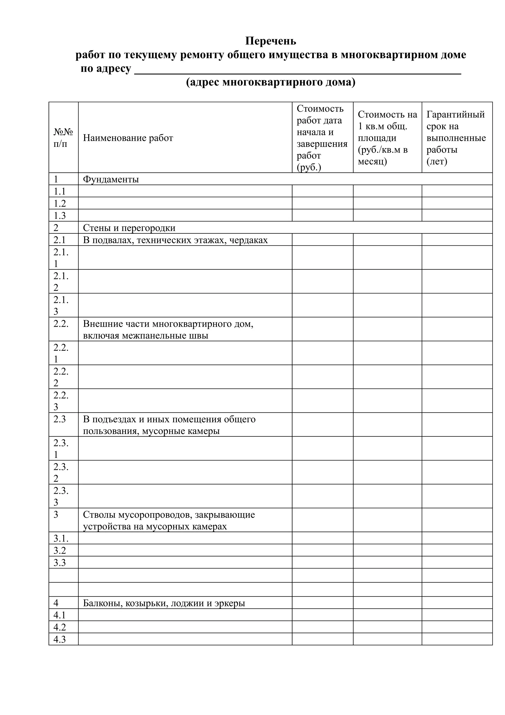 Перечень
       работ по текущему ремонту общего имущества в многоквартирном доме
        по адресу _______________________________________________________
                           (адрес многоквартирного дома)

                                                   Стоимость
                                                                Стоимость на   Гарантийный
                                                   работ дата
                                                                1 кв.м общ.    срок на
№№                                                 начала и
    Наименование работ                                          площади        выполненные
п/п                                                завершения
                                                                (руб./кв.м в   работы
                                                   работ
                                                                месяц)         (лет)
                                                   (руб.)
1       Фундаменты
1.1
1.2
1.3
2       Стены и перегородки
2.1     В подвалах, технических этажах, чердаках
2.1.
1
2.1.
2
2.1.
3
2.2.    Внешние части многоквартирного дом,
        включая межпанельные швы
2.2.
1
2.2.
2
2.2.
3
2.3     В подъездах и иных помещения общего
        пользования, мусорные камеры
2.3.
1
2.3.
2
2.3.
3
3       Стволы мусоропроводов, закрывающие
        устройства на мусорных камерах
3.1.
3.2
3.3


4       Балконы, козырьки, лоджии и эркеры
4.1
4.2
4.3
 