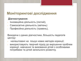 Моніторингові дослідження
Діагностування:
- Інноваційна діяльність (лютий),
- Самоосвітня діяльність (квітень)
- Професійна діяльність (травень),
Виходячи з даних діагностики, більшість педагогів
центру:
- налаштовані на пошук нових методів корекції;
- використовують творчий підхід до вирішення проблем
корекції, навчання та виховання дітей з особливими
потребами та дітей загального розвитку.
 