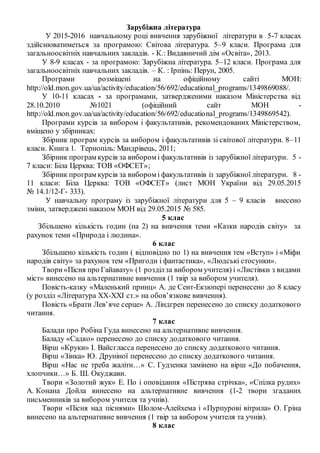 Зарубіжна література
У 2015-2016 навчальному році вивчення зарубіжної літератури в 5-7 класах
здійснюватиметься за програмою: Світова література. 5–9 класи. Програма для
загальноосвітніх навчальних закладів. - К.: Видавничий дім «Освіта», 2013.
У 8-9 класах - за програмою: Зарубіжна література. 5–12 класи. Програма для
загальноосвітніх навчальних закладів. – К. : Ірпінь: Перун, 2005.
Програми розміщені на офіційному сайті МОН:
http://old.mon.gov.ua/ua/activity/education/56/692/educational_programs/1349869088/.
У 10-11 класах - за програмами, затвердженими наказом Міністерства від
28.10.2010 №1021 (офіційний сайт МОН -
http://old.mon.gov.ua/ua/activity/education/56/692/educational_programs/1349869542).
Програми курсів за вибором і факультативів, рекомендованих Міністерством,
вміщено у збірниках:
Збірник програм курсів за вибором і факультативів зі світової літератури. 8–11
класи. Книга 1. Тернопіль: Мандрівець, 2011;
Збірник програм курсів за вибором і факультативів із зарубіжної літератури. 5 -
7 класи: Біла Церква: ТОВ «ОФСЕТ»;
Збірник програм курсів за вибором і факультативів із зарубіжної літератури. 8 -
11 класи: Біла Церква: ТОВ «ОФСЕТ» (лист МОН України від 29.05.2015
№ 14.1/12-Г- 333).
У навчальну програму із зарубіжної літератури для 5 – 9 класів внесено
зміни, затверджені наказом МОН від 29.05.2015 № 585.
5 клас
Збільшено кількість годин (на 2) на вивчення теми «Казки народів світу» за
рахунок теми «Природа і людина».
6 клас
Збільшено кількість годин ( відповідно по 1) на вивчення тем «Вступ» і «Міфи
народів світу» за рахунок тем «Пригоди і фантастика», «Людські стосунки».
Твори«Пісня про Гайавату» (1 розділза вибором учителя) і «Листівки з видами
міст» винесено на альтернативне вивчення (1 твір за вибором учителя).
Повість-казку «Маленький принц» А. де Сент-Екзюпері перенесено до 8 класу
(у розділ «Література XX-XXI ст.» на обов’язкове вивчення).
Повість «Брати Лев’яче серце» А. Ліндгрен перенесено до списку додаткового
читання.
7 клас
Балади про Робіна Гуда винесено на альтернативне вивчення.
Баладу «Садко» перенесено до списку додаткового читання.
Вірш «Круки» І. Вайсгласса перенесено до списку додаткового читання.
Вірш «Зінка» Ю. Друніної перенесено до списку додаткового читання.
Вірш «Нас не треба жаліти…» С. Гудзенка замінено на вірш «До побачення,
хлопчики…» Б. Ш. Окуджави.
Твори «Золотий жук» Е. По і оповідання «Пістрява стрічка», «Спілка рудих»
А. Конана Дойла винесено на альтернативне вивчення (1-2 твори згаданих
письменників за вибором учителя та учнів).
Твори «Пісня над піснями» Шолом-Алейхема і «Пурпурові вітрила» О. Гріна
винесено на альтернативне вивчення (1 твір за вибором учителя та учнів).
8 клас
 