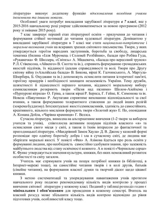 література» виконує додаткову функцію вдосконалення володіння учнями
іноземними та іншими мовами.
Особливої уваги потребує викладання зарубіжної літератури в 7 класі, яке у
2015-2016 навчальному році уперше здійснюватиметься за новою програмою (2012
року зі змінами 2015 року).
7 клас завершує перший етап літературної освіти – прилучення до читання і
формування стійкої мотивації до читання художньої літератури. Домінантою у
викладанні зарубіжної літератури в 7 класі має стати національно-патріотичне і
моральне виховання учнів на яскравих зразках світового письменства. Твори, у яких
утверджується героїзм народних заступників, боротьба за свободу, лицарська
тематика (билина «Ілля Муромець і Соловей Розбійник», балади про Робіна Гуда,
«Рукавичка» Ф. Шиллера, «Світязь» А. Міцкевича, «Балада про вересовий трунок»
Р.Л. Стівенсона, «Айвенго» В. Скотта та ін.), сприяють формуванню громадянських
якостей підлітків, їх відданості ідеалам справедливості та волі. Твори про Другу
світову війну («Альпійська балада» В. Бикова, вірші К. Галчинського, А. Маргула-
Шпербера, Б. Окуджави та ін.) допоможуть осмислити питання історичної пам'яті,
героїзму пращурів і необхідності захищати незалежність України. Тему дружби,
шляхетності й піднесеності першого кохання, відданості моральному вибору
семикласникам розкриють твори «Пісня над піснями» Шолом-Алейхема і
«Пурпурові вітрила» О. Гріна, а також вірші Р. Бернса, Г. Гейне, К. Симонова та ін.
Новела «Павутинка» Р. Акутагави сприятиме вихованню відповідальності за свої
вчинки, а також формуванню толерантного ставлення до людей інших релігій
(зокремабуддизму). Інтелектуальні якостісемикласників, здатність до самостійного,
креативного, вільного мислення формують твори «Золотий жук» Е. По, оповідання
А. Конана Дойла, «Чарівна крамниця» Г. Веллса.
Сучасна література, винесена на альтернативне вивчення (1-2 твори за вибором
учителя та учнів), співголосна активним пошукам підлітків власного «я» та
осмислення свого місця у світі, а також із їхнім інтересом до фантастичної та
пригодницькоїлітератури. «Мандрівний Замок Хаула» Д. В. Джонс у казковій формі
розповідає про одвічну боротьбу добра і зла в сучасному світі, де людина має
зберігати моральні якості. У повісті «Фах» А. Азімова йдеться про роль освіти у
формуванні людини, про необхідність самостійно здобуватизнання, про залежність
майбутнього людства від стану освіченості кожного. А в повісті «Чорнильне серце»
К. Функе утверджується значення культури, книжки, без яких неможливий розвиток
особистості та світу загалом.
Учитель має спрямувати учнів на пошук потрібної книжки (в бібліотеці, в
Інтернет-мережі тощо), на самостійне читання творів і в колі друзів, батьків
(сімейне читання), на формування власної думки та творчий діалог щодо цікавої
книжки.
З метою систематизації та упорядкування навантаження учнів протягом
навчального року подаємо рекомендовану кількість видів контролю у процесі
вивчення світової літератури у кожному класі. Поданий у таблиці розподіл годин є
мінімальним і обов’язковим для проведення в кожному семестрі. Вчитель на
власний розсуд може збільшити кількість видів контрою відповідно до рівня
підготовки учнів, особливостей класу тощо.
 