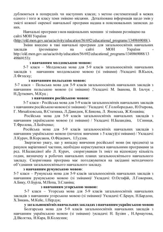 дублюються в попередніх чи наступних класах; з метою систематизації в межах
одного і того ж класу теми змінено місцями. Деталізована інформація щодо змін у
змісті кожної окремої навчальної програми надана в пояснювальних записках до
них.
Навчальні програмиз мов національних меншин зі змінами розміщено на
сайті МОН України
(http://old.mon.gov.ua/ua/activity/education/56/692/educational_programs/1349869088/).
Зміни внесено в такі навчальні програми для загальноосвітніх навчальних
закладів (розміщено на сайті МОН України -
http://old.mon.gov.ua/ua/activity/education/56/692/educational_programs/1349869088/13
49869153):
з навчанням молдовською мовою:
5-7 класи – Молдовська мова для 5-9 класів загальноосвітніх навчальних
закладів з навчанням молдовською мовою (зі змінами) /Укладачі: В.Кьося,
Л.Фєтеску;
з навчанням польською мовою:
5-7 класи – Польська мова для 5-9 класів загальноосвітніх навчальних закладів з
навчанням польською мовою (зі змінами) /Укладачі: М. Іванова, В. Ільчук ,
Н.Дуткевич, М.Куц ;
з навчанням російською мовою:
5-7 класи - Російська мова для 5-9 класів загальноосвітніх навчальних закладів
з навчанням російськоюмовою(зі змінами) / Укладачі: Є.Голобородько, Н.Озерова,
Г. Михайловська, В.Стативка, Л.Давидюк, К.Бикова, Л. Яновська, Ж.Кошкіна;
Російська мова для 5-9 класів загальноосвітніх навчальних закладів з
навчанням українською мовою (зі змінами) / Укладачі: Н.Баландіна, І.Синиця,
Т.Фролова, Л.Бойченко;
Російська мова для 5-9 класів загальноосвітніх навчальних закладів з
навчанням українською мовою (початок вивчення з 5 класу)(зі змінами) / Укладачі:
Л.Курач, В.Корсаков, О.Фідкевич, І.Ґудзик.
Звертаємо увагу, що у випадку вивчення російської мови (як предмета) за
рахунок варіативної частини, необхідно користуватися навчальними програмами за
ред. Н.Баландіної або Л. Курач, скоригувавши їх зміст на відповідну кількість
годин, визначену в робочих навчальних планах загальноосвітнього навчального
закладу. Скоригована програма має погоджуватися на засіданні методичного
об’єднання загальноосвітнього навчального закладу.
з навчанням румунською мовою:
5-7 класи – Румунська мова для 5-9 класів загальноосвітніх навчальних закладів з
навчанням румунською мовою (зі змінами)/ Укладачі: О.Остафій, Л.Говорнян,
А.Бику, О.Бурла, М.Попа, З.Сланіна;
з навчанням угорською мовою:
5-7 класи – Угорська мова для 5-9 класів загальноосвітніх навчальних
закладів з навчанням угорською мовою (зі змінами)/ Укладачі: Є.Браун, Н.Бардош,
Х.Зикань, М.Кейс, І.Пердук;
у загальноосвітніхнавчальнихзакладахз навчанням українською мовою
Болгарська мова для 5-9 класів загальноосвітніх навчальних закладів з
навчанням українською мовою (зі змінами) /укладачі: Н. Бузіян , Н.Арнаутова,
Д.Віолєтка, Н.Кара, В.Колесник;
 