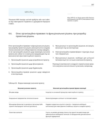 107
4.4. Опис організаційно-правових та функціональних рішень при розробці
проектних рішень
Опис організаційно-правових та функціональних рішень
при розробці проектних рішень виконується як складова
техніко-економічного обґрунтування, в якому наводять-
ся всі організаційні рішення щодо взаємодії учасників
проекту між собою та із зовнішнім середовищем під час
виконання всіх фаз інвестиційного проекту:
Організаційні рішення щодо розроблення проекту.
Організаційні рішення щодо фінансування.
Організаційні рішення щодо будівництва.
Організаційно-правові рішення щодо введення
в експлуатацію.
Функціональні та організаційні рішення, які можуть
виникнути під час експлуатації.
Нові організаційно-правові форми і структури, якщо
такі створюються.
Функціональні рішення, необхідні для успішної
імплементації тих чи інших компонентів проекту.
Реалізації комплексного складного проекту може вима-
гати залучена значної кількості учасників, наприклад:
Таблиця 26. Форми взаємодії учасників проекту
Можливі учасники проекту Можливі організаційно-правові форми взаємодії
Місцева влада Ініціатор та основний промоутер інвестиційного проекту
Комунальне підприємство теплопостачання Балансоутримувач котельні та теплової мережі
Міжнародні фінансові та донорські організації (або
проекти міжнародної технічної допомоги)
Надавачі кредитних коштів та грантів – створення необхідної
капіталізації для інвестування в найбільш затратні складові проекту
Лізингова компанія Участь на умовах договору лізингу під гарантії місцевої влади для
забезпечення необхідною технікою та обладнанням для виконання
функцій підрядником
NPV=PV-Io
Показник NPV показує чистий прибуток або чисті збит-
ки від інвестування порівняно із урахування бар’єрної
ставки.
Якщо NPV>0, то даний проект буде доцільно
реалізовувати, при NPV<0, інвестувати в такі
проекти не варто.
1.
2.
3.
4.
5.
6.
7.
 
