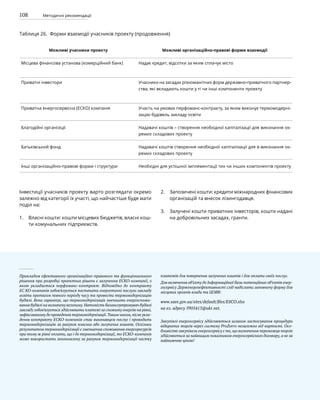 108 Методичні рекомендації
Таблиця 26. Форми взаємодії учасників проекту (продовження)
Можливі учасники проекту Можливі організаційно-правові форми взаємодії
Місцева фінансова установа (комерційний банк) Надає кредит, відсотки за яким сплачує місто
Приватні інвестори Учасники на засадах різноманітних форм державно-приватного партнер-
ства, які вкладають кошти у ті чи інші компоненти проекту
Приватна енергосервісна (ЕСКО) компанія Участь на умовах перфоманс-контракту, за яким виконує термомодерні-
зацію будівель закладу освіти
Благодійні організіції Надавачі коштів – створення необхідної капіталізації для виконання ок-
ремих складових проекту
Батьківський фонд Надавачі коштів створення необхідної капіталізації для в виконання ок-
ремих складових проекту
Інші організаційно-правові форми і структури Необхідні для успішної імплементації тих чи інших компонентів проекту
Інвестиції учасників проекту варто розглядати окремо
залежно від категорії їх участі, що найчастіше буде мати
поділ на:
Власні кошти: кошти місцевих бюджетів, власні кош-
ти комунальних підприємств.
Запозичені кошти: кредити міжнародних фінансових
організацій та внесок лізингодавця.
Залучені кошти приватних інвесторів, кошти надані
на добровільних засадах, гранти.
Прикладом ефективного організаційно-правового та функціонального
рішення при розробці проектних рішень є залучення ЕСКО-компанії, з
якою укладається перфоманс-контракт. Відповідно до контракту
ЕС КО-компанія зобов’язується постачати енергетичні послуги закладу
освіти протягом певного періоду часу та провести термомодернізацію
будівлі. Вона гарантує, що термомодернізація зменшить енергоспожи-
вання будівлі на визначену величину.Натомість балансоутримувач будівлі
закладу зобов’язується здійснювати платежі за спожиту енергію на рівні,
зафіксованому до проведення термомодернізації.Таким чином,після укла-
дення контракту ЕСКО-компанія стає виконавцем послуг і проводить
термомодернізацію за рахунок власних або залучених коштів. Оскільки
результатом термомодернізації є зменшення споживання енергоресурсів
при тому ж рівні оплати, що і до термомодернізації, то ЕСКО-компанія
може використати зекономлену за рахунок термомодернізації частку
платежів для повернення залучених коштів і для оплати своїх послуг.
Для включення об’єкту до Інформаційної бази потенційних об’єктів енер-
госервісу Держенергоефективності слід надіслати заповнену форму для
місцевих органів влади та ЦОВВ:
www.saee.gov.ua/sites/default/files/ESCO.xlsx
на ел. адресу 5905415@ukr.net.
Закупівлі енергосервісу здійснюються шляхом застосування процедури
відкритих торгів через систему ProZorro незалежно від вартості. Осо-
бливістю закупівель енергосервісу є те, що визначення переможця торгів
здійснюється за найвищим показником енергосервісного договору, а не за
найнижчою ціною!
1.
2.
3.
 