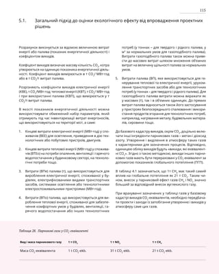115
5.1. Загальний підхід до оцінки екологічного ефекту від впровадження проектних
рішень
Розрахунок виконується за відомою величиною витрат
енергії або палива (показник енергетичної діяльності) і
коефіцієнтом викидів.
Коефіцієнт викидів визначає масову кількість СО2
, котра
утворюється на одиницю показника енергетичної діяль-
ності. Коефіцієнт викидів вимірюється в т СО2
/ МВт·год
або в т СО2
/т витрат палива.
Розрізняють коефіцієнти викидів електричної енергії
(КВЕ), т СО2
/МВт·год; теплової енергії (КВТ), т СО2
/ МВт·год
і при використанні палива (КВП), що вимірюється у т
СО2
/т витрат палива.
В якості показників енергетичної діяльності можна
використовувати обмежений набір параметрів, який
отримують під час інвентаризації витрат енергоносіїв,
що використовуються на території міст, а саме:
Кінцеві витрати електричної енергії (МВт·год) у спо-
живачів (ВЕЕ) для освітлення, приведення в дію тех-
нологічних або побутових пристроїв, двигунів.
Кінцеві витрати теплової енергії (МВт·год) у спожива-
чів (ВТЕo) на потреби опалення, вентиляції і гарячого
водопостачання у будинковому секторі, на техноло-
гічні потреби тощо.
Витрати (ВПе) палива (т), що використовується для
вироблення електричної енергії, споживаної у бу-
дівлях, електрифікованими видами транспортних
засобів, системами освітлення або технологічними
електроспоживальними пристроями (МВт·год).
Витрати (ВПo) палива, що використовується для ви­
роблення теплової енергії, споживаної для забезпе­
чення комфортних умов у будівлях, вентиляції, га-
рячого водопостачання або інших технологічних
потреб (у тоннах – для твердого і рідкого палива, у
м3
за нормальних умов для газоподібного палива).
Витрати газоподібного палива також можна приве-
сти до масових витрат шляхом множення об’ємних
витрат на величину щільності палива за нормальних
умов.
Витрати палива (ВП), яке використовується для ге-
нерування теплової та електричної енергії, урухом-
лення транспортних засобів або для технологічних
потреб (у тоннах – для твердого і рідкого палива). Для
газоподібного палива витрати можна виражати як
у масових (т), так і в об’ємних одиницях. До прямих
витрат палива відноситься також його застосування
у пристроях безпосереднього спалювання і викори-
стання продуктів згорання для технологічних потреб,
наприклад, нагрівання металу, будівельних матеріа-
лів, сировини тощо.
До базового кадастру викидів, окрім СО2
, доцільно вклю-
чати інші інгредієнти парникових газів – метан і діоксид
азоту. Утворення і виділення в атмосферу таких газів
є характерними для зазначених процесів. Відповідно,
одиницею обліку викидів будуть «викиди, які еквівалент-
ні СО2
». Згідно з такою методикою, викиди інших парни-
кових газів мають бути перераховані у СО2
-еквівалент за
допомогою показників глобального потепління (ПГП).
В таблиці 4.1 зазначається, що 1т СН4
має такий самий
вплив на глобальне потепління як 21 т СО2
. Таким чи­
ном, внесок у парниковий ефект газів СН4
і NO2
значно
більший за відповідний внесок вуглекислого газу.
При врахуванні зазначених у таблиці газів у базовому
кадастрі викидів СО2
-еквівалентів, необхідно передбача-
ти проекти і заходи із запобігання утворенню і викидів у
атмосферу саме цих газів.
Таблиця 28. Парникові гази у СО2
-еквіваленті
Вид і маса парникового газу 1 т СО2
1 т NО2
1 т CH4
Маса СО2
-еквівалента 1 t CO2
-ekb. 31 t CO2
-ekb. 21 t CO2
-ekb.
1.
2.
3.
4.
5.
 