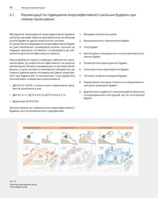 34 Методичні рекомендації
2.1. Рекомендації по підвищенню енергоефективності шкільних будівель при
новому проектуванні
Методологія проектування енергоефективних будівель
шкільних закладів повинна ґрунтуватися на системному
аналізі будівлі як єдиної енергетичної системи.
Не допускається формування енергоефективної будівлі
як суми незалежних інноваційних рішень, оскільки це
порушує принципи системності та призводить до зни-
ження енергетичної ефективності проекту.
При розробленні проекту необхідно забезпечити вико-
нання вимог до енергетичної ефективності за рахунок
архітектурних об’ємно-планувальних та конструктивних
рішень, а також системи їх інженерного обладнання, що
повинні забезпечувати оптимальний рівень енергови-
трат при будівництві та експлуатації. Слід керуватися
положеннями та вимогами зазначеними в:
ДБН В.2.2-3:2018, а також інших нормативних доку-
ментів зазначених в них.
ДБН В.1.2-11, ДСТУ Б А2.2-8, ДСТУ-Н Б.А.2.2-13.
Директива 2010/31/ЄС.
Загальні вимоги до забезпечення енергоефективності
будівель шкіл встановлюються з урахуванням:
Місцевих кліматичних умов.
Функціонального призначення будівлі.
Тилу будівлі.
Архітектурно-планувального та конструктивного рі-
шення будівлі.
Геометричних характеристик будівлі.
Теплотехнічних характеристик будівлі.
Питомого енергоспоживання будівлі.
Нормативних санітарно-гігієнічних та мікрокліматич-
них умов приміщень будівлі.
Довговічності (надійності теплоізоляційної оболонки)
огороджувальних конструкцій під час експлуатації
будівлі.
•
•
•
1.
2.
3.
4.
5.
6.
7.
8.
9.
Рис.10
Приклади врахування умов
місця будівництва
 