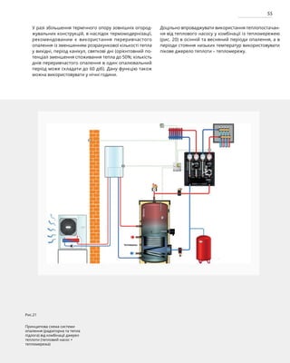 55
Рис.21
Принципова схема системи
опалення (радіаторна та тепла
підлога) від комбінації джерел
теплоти (тепловий насос +
тепломережа)
У разі збільшення термічного опору зовнішніх огород-
жувальних конструкцій, в наслідок термомодернізації,
рекомендованим є використання переривчастого
опалення із зменшенням розрахункової кількості тепла
у вихідні, період канікул, святкові дні (орієнтовний по-
тенціал зменшення споживання тепла до 50%; кількість
днів переривчастого опалення в один опалювальний
період може складати до 60 діб). Дану функцію також
можна використовувати у нічні години.
Доцільно впроваджувати використання теплопостачан-
ня від теплового насосу у комбінації із тепломережею
(рис. 20) в осінній та весняний періоди опалення, а в
періоди стояння низьких температур використовувати
пікове джерело теплоти – тепломережу.
 