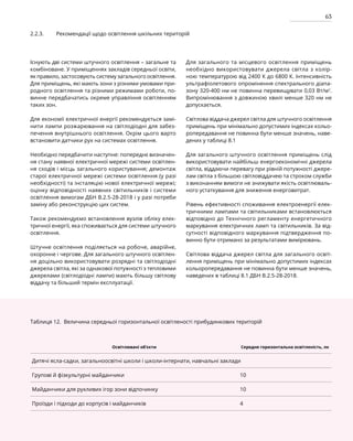 63
Існують дві системи штучного освітлення – загальне та
комбіноване. У приміщеннях закладів середньої освіти,
як правило, застосовують систему загального освітлення.
Для приміщень, які мають зони з різними умовами при­
родного освітлення та різними режимами роботи, по-
винне передбачатись окреме управління освітленням
таких зон.
Для економії електричної енергії рекомендується замі-
нити лампи розжарювання на світлодіодні для забез-
печення внутрішнього освітлення. Окрім цього варто
встановити датчики рух на системах освітлення.
Необхідно передбачити наступне: попереднє визначен-
ня стану наявної електричної мережі системи освітлен-
ня сходів і місць загального користування; демонтаж
старої електричної мережі системи освітлення (у разі
необхідності) та інсталяцію нової електричної мережі;
оцінку відповідності наявних світильників і системи
освітлення вимогам ДБН В.2.5-28-2018 і у разі потреби
заміну або реконструкцію цих систем.
Також рекомендуємо встановлення вузлів обліку елек-
тричної енергії, яка споживається для системи штучного
освітлення.
Штучне освітлення поділяється на робоче, аварійне,
охоронне і чергове. Для загального штучного освітлен-
ня доцільно використовувати розрядні та світлодіодні
джерела світла, які за однакової потужності з тепловими
джерелами (світлодіодні лампи) мають більшу світлову
віддачу та більший термін експлуатації.
Для загального та місцевого освітлення приміщень
необхідно використовувати джерела світла з колір-
ною температурою від 2400 К до 6800 К. Інтенсивність
ультрафіолетового опромінення спектрального діапа-
зону 320-400 нм не повинна перевищувати 0,03 Вт/м2
.
Випромінювання з довжиною хвилі менше 320 нм не
допускається.
Світлова віддача джерел світла для штучного освітлення
приміщень при мінімально допустимих індексах кольо­
ропередавання не повинна бути менше значень, наве-
дених у таблиці 8.1
Для загального штучного освітлення приміщень слід
використовувати найбільш енергоекономічні джерела
світла, віддаючи перевагу при рівній потужності джере-
лам світла з більшою світловіддачею та строком служби
з виконанням вимоги не знижувати якість освітлюваль-
ного устаткування для зниження енерговитрат.
Рівень ефективності споживання електроенергії елек-
тричними лампами та світильниками встановлюється
відповідно до Технічного регламенту енергетичного
маркування електричних ламп та світильників. За від­
сутності відповідного маркування підтвердження по-
винно бути отримано за результатами вимірювань.
Світлова віддача джерел світла для загального освіт-
лення приміщень при мінімально допустимих індексах
кольоропередавання не повинна бути менше значень,
наведених в таблиці 8.1 ДБН В.2.5-28-2018.
2.2.3. Рекомендації щодо освітлення шкільних територій
Таблиця 12. Величина середньої горизонтальної освітленості прибудинкових територій
Освітлювані об’єкти Середня горизонтальна освітленість, лк
Дитячі ясла-садки, загальноосвітні школи і школи-інтернати, навчальні заклади
Групові й фізкультурні майданчики 10
Майданчики для рухливих ігор зони відпочинку 10
Проїзди і підходи до корпусів і майданчиків 4
 