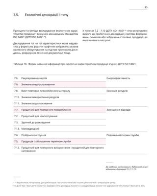 85
3.5. Екологічні декларації ІІ типу
Принципи та методи декларування екологічних харак-
теристик продукції17
визначені міжнародним стандартом
ISO 14021 (ДСТУ ISO 1402118
).
Декларування тої чи тої характеристики може надава­
тись у формі слів, фраз чи графічних зображень за умов
належного обґрунтування на підставі протоколів дослі-
джень, розрахунків, технічної документації тощо.
У пунктах 7.2 - 7.13 ДСТУ ISO 1402119
чітко встановлені
вимоги до екологічних декларацій у вигляді формулю-
вань, символів або зображень стосовно продукції, до
яких належать наступні:
17. Виробником, імпортером, дистриб’ютором, постачальником або іншим суб’єктом якій є оператором ринку.
18. ДСТУ ISO 14021:2016 Екологічні марковання та декларації. Екологічні самодекларації (екологічне маркування типу II) (ISO 14021:2016, IDT).
Таблиця 18. Форми надання інформації про екологічні характеристики продукції згідно з ДСТУ ISO 14021
До найбільш застосованих у будівельній галузі
відносяться декларації 7.5, 7.7.-7.9.
7.6. Рекуперована енергія Енергоефективність
7.9. Знижене енергоспоживання
7.8. Вміст повторно переробленого матеріалу Економія ресурсів
7.10. Знижене використання ресурсів
7.11. Знижене водоспоживання
7.7. Придатний для повторного перероблення Зменшення відходів
7.2. Придатний для компостування
7.3. Здатний до розкладання
7.13. Маловідходний
7.4. Розбірна конструкція Подовжений термін служби
7.5. Продукція із збільшеним терміном служби
7.12. Придатний для повторного використання і придатний для повторного
наповнення
 
