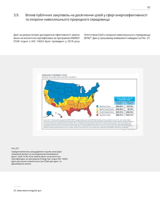 97
3.9. Вплив публічних закупівель на досягнення цілей у сфері енергоефективності
та охорони навколишнього природного середовища
Дані за результатами дослідження ефективності заміни
вікон на екологічно сертифіковані за програмою ENERGY
STAR згідно з ISO 14024 були проведені у 2018 році
Агентством США з охорони навколишнього середовища
(EPA)20
. Дані у грошовому еквіваленті наведені на Рис. 27.
20. www.www.energystar.gov
Рис.227
Середня величина заощаджених коштів, внаслідок
зниження витрат на охолодження/опалювання
(долл. США та %) після заміни вікон на екологічно
сертифіковані за програмою Energy Star згідно ISO 14024
(дані для різних кліматичних зон США для одно- та
двокамерних вікон)
 