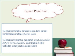 Tujuan Penelitian




•Mengukur tingkat kinerja reksa dana saham
berdasarkan metode sharpe Ratio

•Mengukur besarnya pengaruh asset allocation
policy, stock selection, dan tingkat risiko
terhadap kinerja reksa dana saham
 