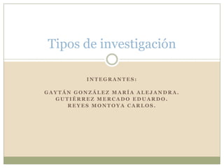 Tipos de investigación

          INTEGRANTES:

GAYTÁN GONZÁLEZ MARÍA ALEJANDRA.
  GUTIÉRREZ MERCADO EDUARDO.
     REYES MONTOYA CARLOS.
 