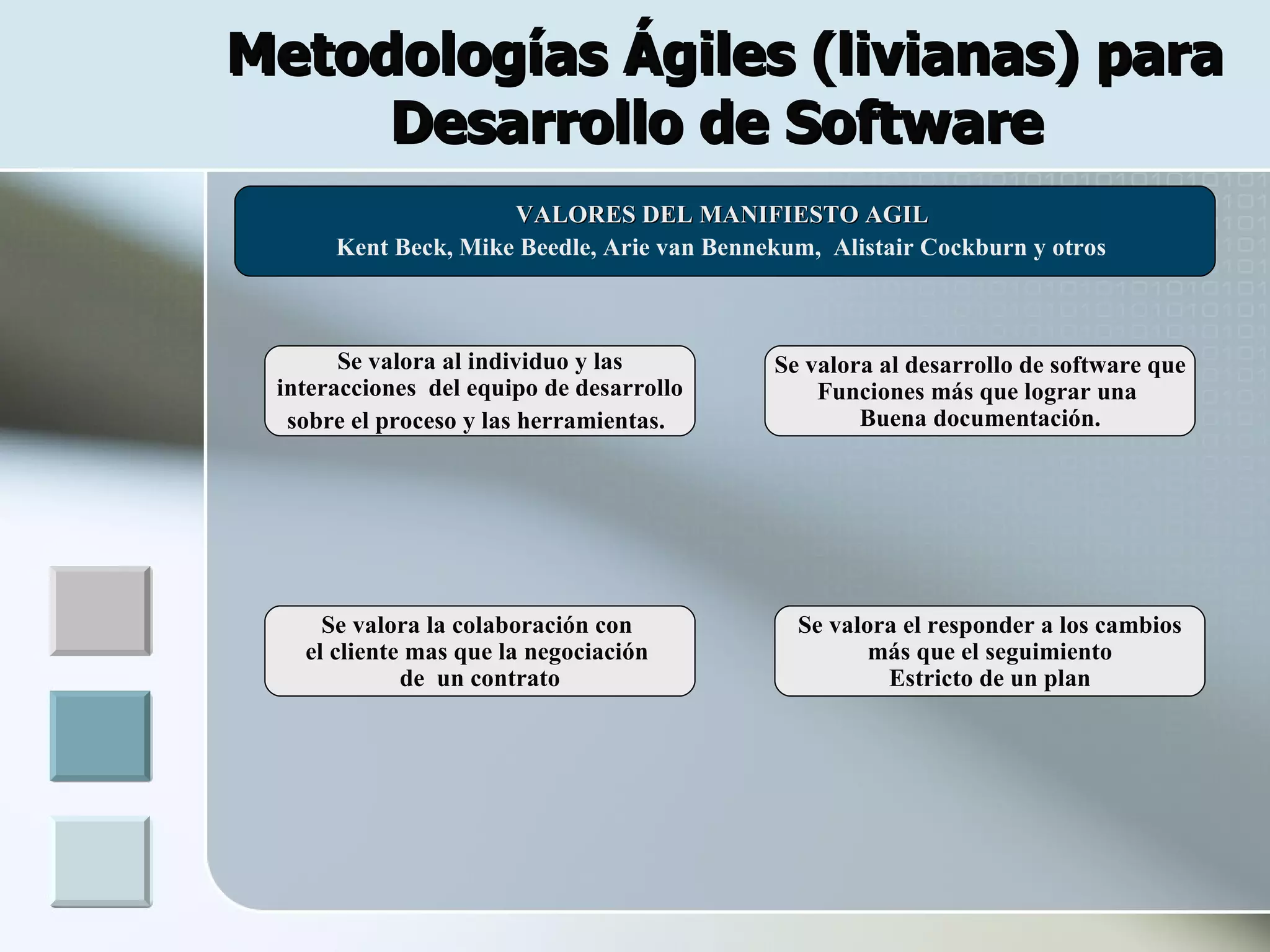 Metodologías Ágiles (livianas) para
     Desarrollo de Software
                         VALORES DEL MANIFIESTO AGIL
 .        Kent Beck, Mike Beedle, Arie van Bennekum, Alistair Cockburn y otros



           Se valora al individuo y las         Se valora al desarrollo de software que
     interacciones del equipo de desarrollo         Funciones más que lograr una
      sobre el proceso y las herramientas.              Buena documentación.




         Se valora la colaboración con            Se valora el responder a los cambios
       el cliente mas que la negociación                 más que el seguimiento
                 de un contrato                           Estricto de un plan
 