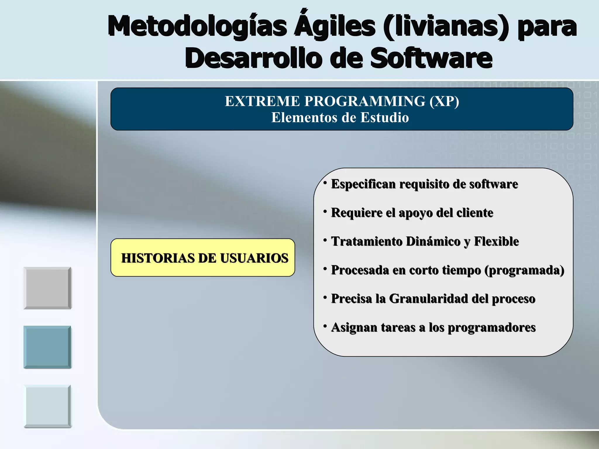 Metodologías Ágiles (livianas) para
     Desarrollo de Software
             EXTREME PROGRAMMING (XP)
 .               Elementos de Estudio



                         • Especifican requisito de software

                         • Requiere el apoyo del cliente

                         • Tratamiento Dinámico y Flexible
 HISTORIAS DE USUARIOS
                         • Procesada en corto tiempo (programada)

                         • Precisa la Granularidad del proceso

                         • Asignan tareas a los programadores
 