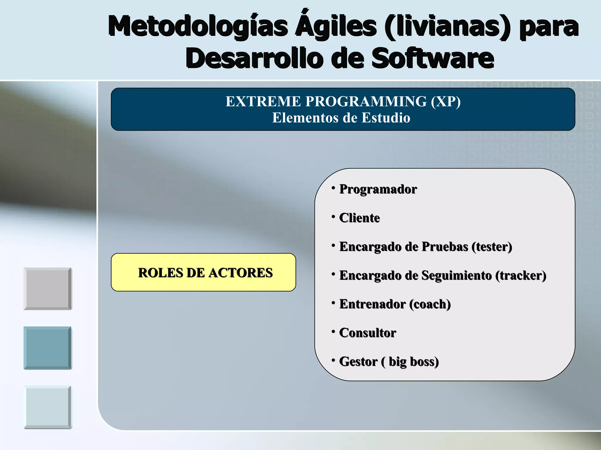 Metodologías Ágiles (livianas) para
     Desarrollo de Software
               EXTREME PROGRAMMING (XP)
 .                 Elementos de Estudio



                         • Programador

                         • Cliente

                         • Encargado de Pruebas (tester)

     ROLES DE ACTORES    • Encargado de Seguimiento (tracker)

                         • Entrenador (coach)

                         • Consultor

                         • Gestor ( big boss)
 