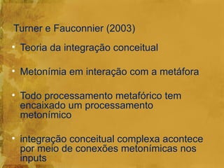 Turner e Fauconnier (2003)
• Teoria da integração conceitual

• Metonímia em interação com a metáfora

• Todo processamento metafórico tem
  encaixado um processamento
  metonímico

• integração conceitual complexa acontece
  por meio de conexões metonímicas nos
  inputs
 