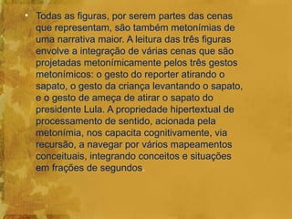 • Todas as figuras, por serem partes das cenas
  que representam, são também metonímias de
  uma narrativa maior. A leitura das três figuras
  envolve a integração de várias cenas que são
  projetadas metonímicamente pelos três gestos
  metonímicos: o gesto do reporter atirando o
  sapato, o gesto da criança levantando o sapato,
  e o gesto de ameça de atirar o sapato do
  presidente Lula. A propriedade hipertextual de
  processamento de sentido, acionada pela
  metonímia, nos capacita cognitivamente, via
  recursão, a navegar por vários mapeamentos
  conceituais, integrando conceitos e situações
  em frações de segundos.
 