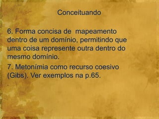 Conceituando

6. Forma concisa de mapeamento
dentro de um domínio, permitindo que
uma coisa represente outra dentro do
mesmo domínio.
7. Metonímia como recurso coesivo
(Gibs). Ver exemplos na p.65.
.
 