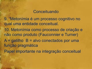 Conceituando
9. “Metonímia é um processo cognitivo no
qual uma entidade conceitual.
10. Metonímia como processo de criação e
não como produto (Fauconnier e Turner)
A = gatilho B = alvo conectados por uma
função pragmática
Papel importante na integração conceitual
 