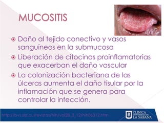  Daño al tejido conectivo y vasos
sanguíneos en la submucosa
 Liberación de citocinas proinflamatorias
que exacerban el daño vascular
 La colonización bacteriana de las
úlceras aumenta el daño tisular por la
inflamación que se genera para
controlar la infección.
http://bvs.sld.cu/revistas/hih/vol28_3_12/hih06312.htm
 