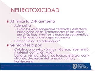  Al inhibir la DFR aumenta
› Adenosina
 Dilata los vasos sanguíneos cerebrales, enlentece
la liberación de neurotransmisores en las uniones
pre-sinápticas, modifica la respuesta postsináptica
y enlentece las descargas neuronales
› Homocisteína. La adenosina.9
 Se manifiesta por:
› Cefalea, anorexia, vómitos, náuseas, hipertensió
n arterial, confusión, visión
borrosa, vértigo, afasia, agitación, letargia, conv
ulsiones, depresión del sensorio, coma y
hemiparesia
SEMINARIOS DE LA FUNDACIÓN ESPAÑOLA DE REUMATOLOGÍA, Vol. 6 / Núm 4 - pp. 176-82 /
2005
 