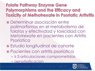  Determinar asociación entre
polimorfismos en el metabolismo de
folatos y efectividad y toxicidad con
Metotrexate en pacientes con Artritis
Psoriatica
 Estudio longitudinal de cohorte
 Pacientes con artritis psoriatica
› ≥ 3 articulaciones comprometidas
› genotipificacion
The Journal of Rheumatology July 1, 2010 , vol. 37 no. 7 1508-1512
 