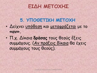 ΕΙΔΗ ΜΕΣΟΥΗ΢
5. ΤΠΟΘΕΣΙΚΗ ΜΕΣΟΥΗ
• Δείπκεη οπόζεζε θαη μεηαθνάδεηαη με ημ
«ακ».
• Π.π. Δίθαηα δνάζαξ ημοξ ζεμύξ ἔλεηξ
ζομμάπμοξ. (Ακ πνάλεηξ δίθαηα ζα έπεηξ
ζομμάπμοξ ημοξ ζεμύξ).

επιμέλεια παρουςίαςησ: ΣΑΡΑΦΗ ΜΑΡΙΑ

 