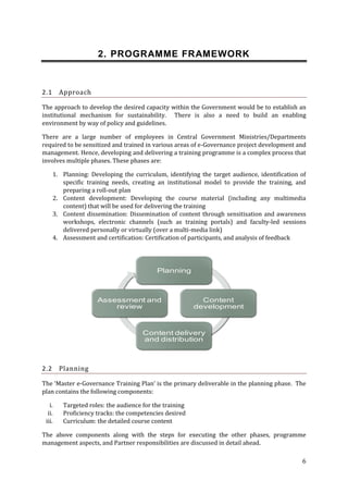 2. PROGRAMME FRAMEWORK

Approach

2.1

The approach to develop the desired capacity within the Government would be to establish an
institutional mechanism for sustainability. There is also a need to build an enabling
environment by way of policy and guidelines.
There are a large number of employees in Central Government Ministries/Departments
required to be sensitized and trained in various areas of e-Governance project development and
management. Hence, developing and delivering a training programme is a complex process that
involves multiple phases. These phases are:
1. Planning: Developing the curriculum, identifying the target audience, identification of
specific training needs, creating an institutional model to provide the training, and
preparing a roll-out plan
2. Content development: Developing the course material (including any multimedia
content) that will be used for delivering the training
3. Content dissemination: Dissemination of content through sensitisation and awareness
workshops, electronic channels (such as training portals) and faculty-led sessions
delivered personally or virtually (over a multi-media link)
4. Assessment and certification: Certification of participants, and analysis of feedback

Planning

Assessment and
review

Content
development

Content delivery
and distribution

2.2

Planning

The ‘Master e-Governance Training Plan’ is the primary deliverable in the planning phase. The
plan contains the following components:
i.
ii.
iii.

Targeted roles: the audience for the training
Proficiency tracks: the competencies desired
Curriculum: the detailed course content

The above components along with the steps for executing the other phases, programme
management aspects, and Partner responsibilities are discussed in detail ahead.
6

 