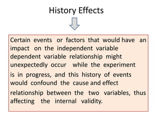 History Effects
Certain events or factors that would have an
impact on the independent variable
dependent variable relationship might
unexpectedly occur while the experiment
is in progress, and this history of events
would confound the cause and effect
relationship between the two variables, thus
affecting the internal validity.
 