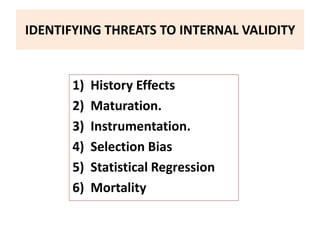 IDENTIFYING THREATS TO INTERNAL VALIDITY
1) History Effects
2) Maturation.
3) Instrumentation.
4) Selection Bias
5) Statistical Regression
6) Mortality
 