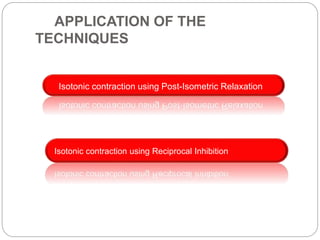 APPLICATION OF THE
TECHNIQUES
Isotonic contraction using Post-Isometric Relaxation
Isotonic contraction using Reciprocal Inhibition
 